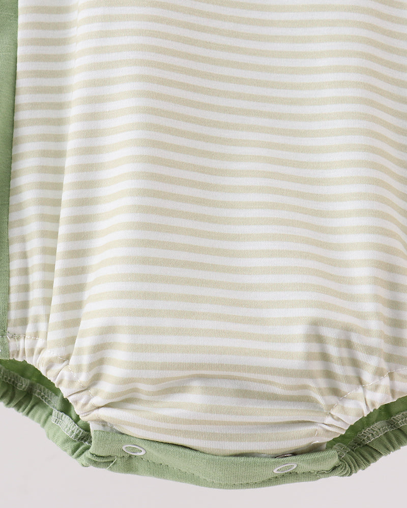 White and pale green striped baby bubble romper with ruffled legs