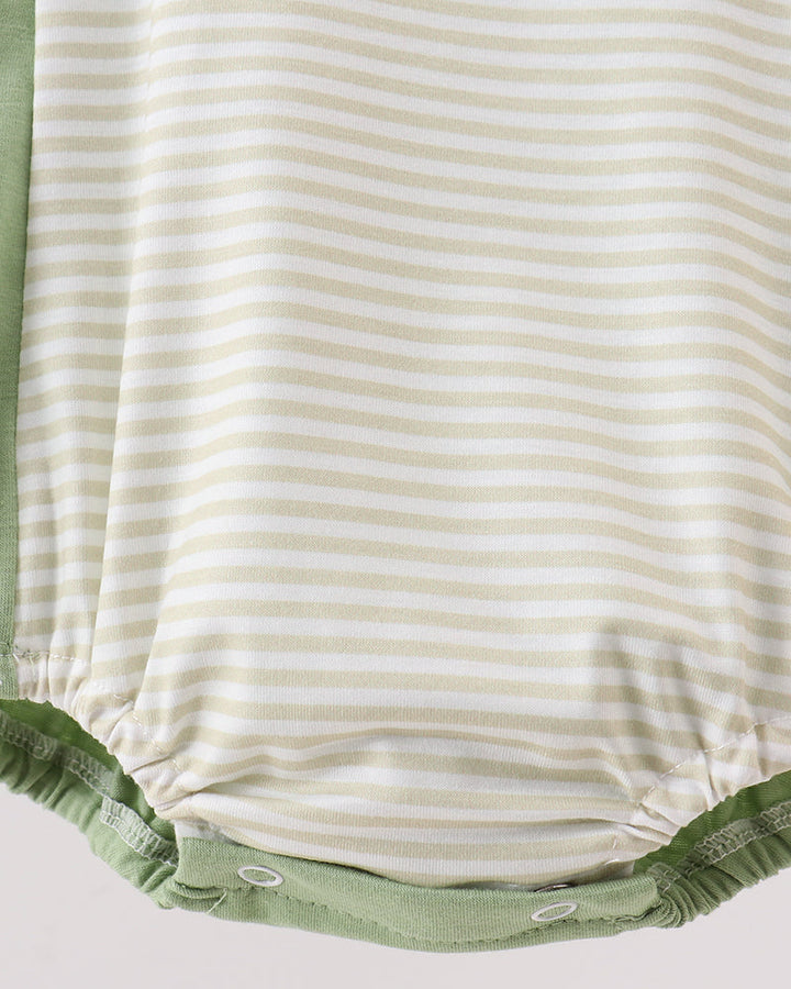 White and pale green striped baby bubble romper with ruffled legs