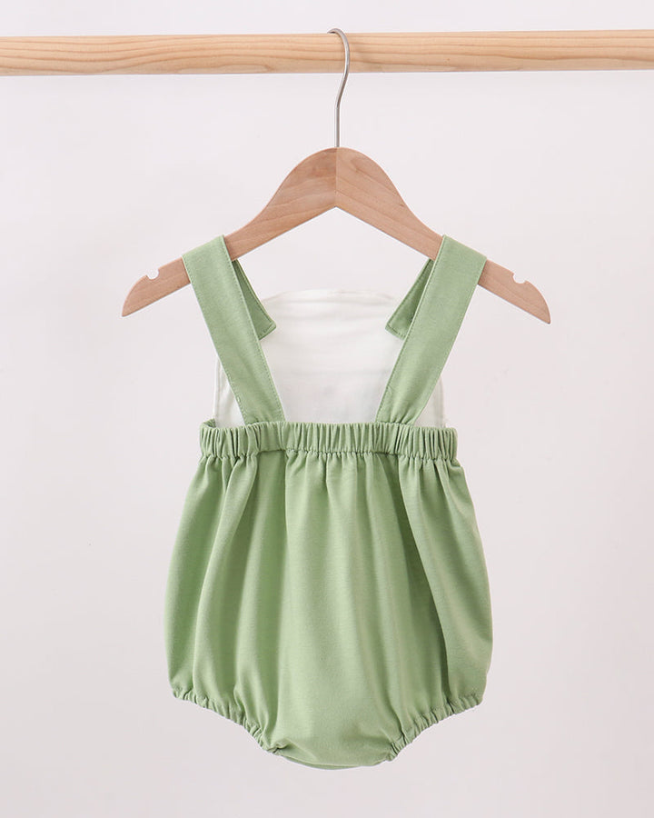 Green baby bubble romper with adjustable straps and gathered waist