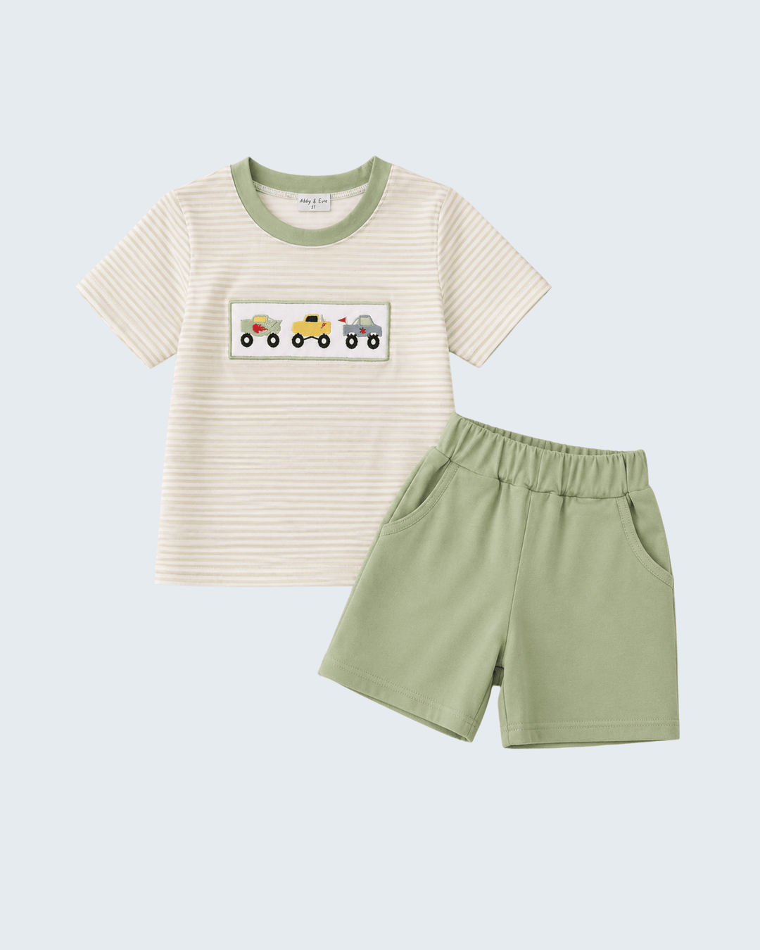 Two-piece set: cream striped T-shirt with monster truck embroidery and olive shorts