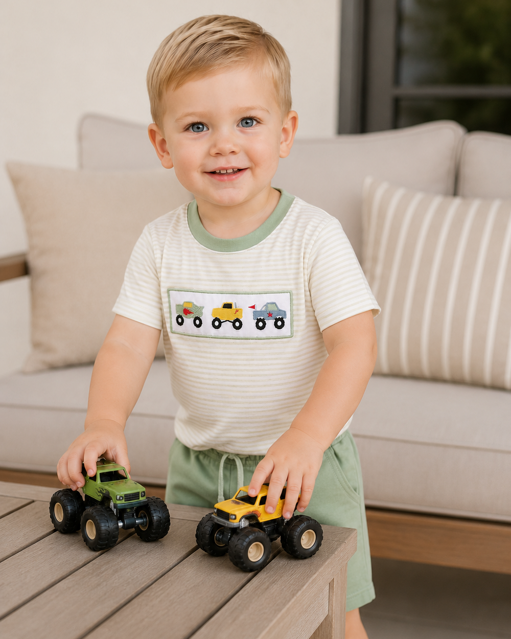 Striped T-shirt and green shorts set with embroidered monster truck graphic