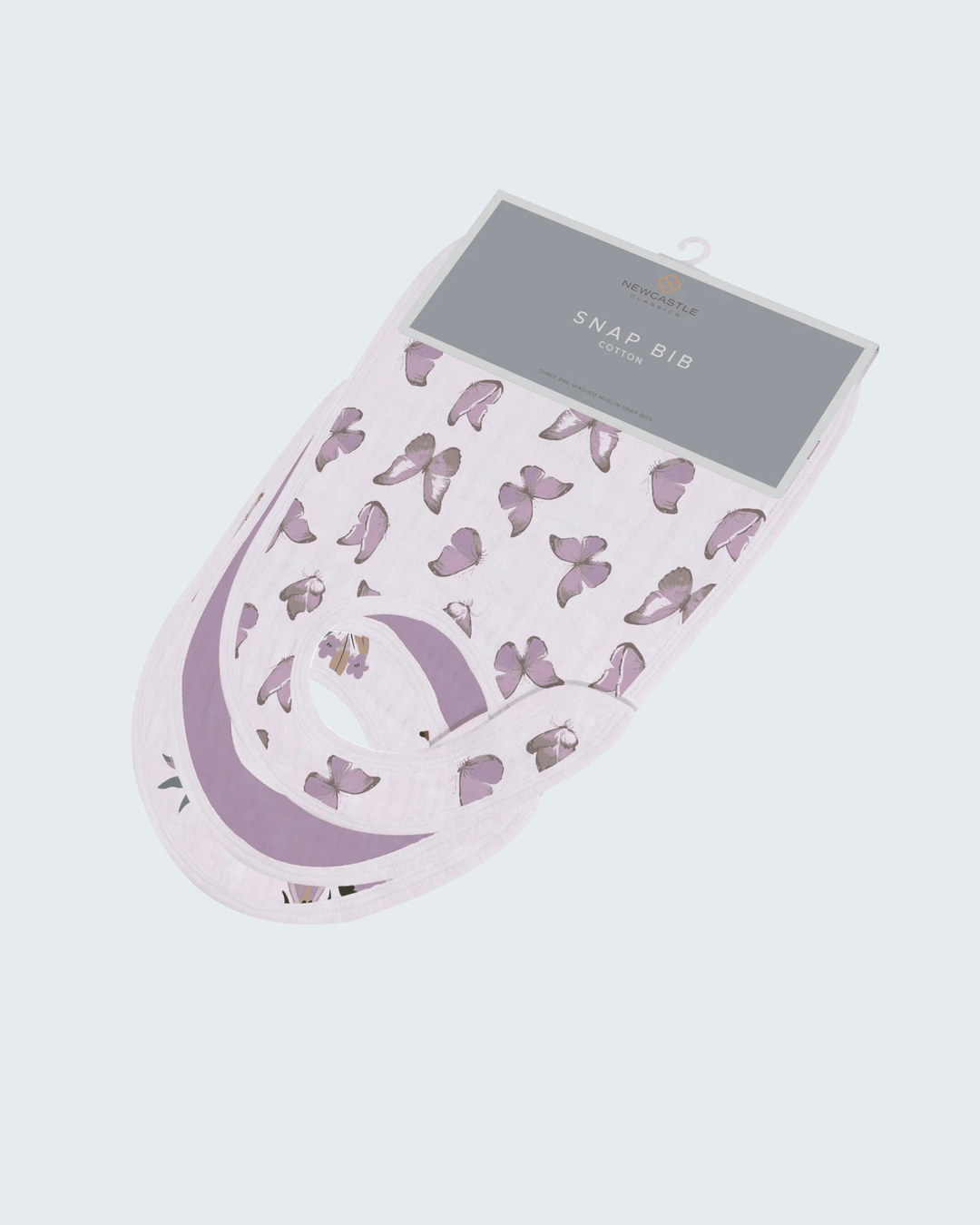 Pink butterfly-patterned snap bib with packaging on a light gray background