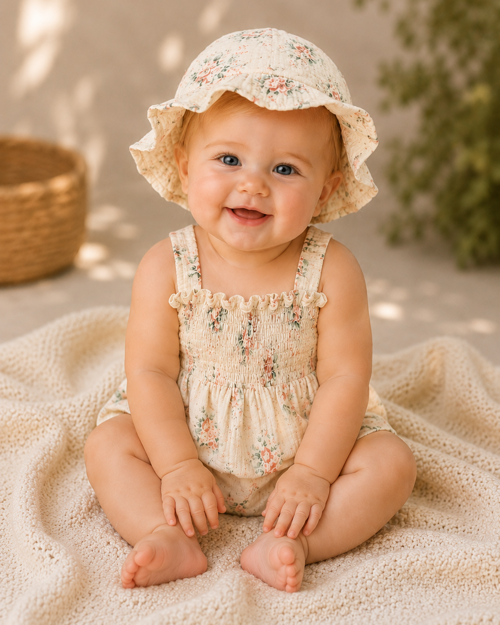 Baby sitting on a blanket wearing a floral hat and romper, with a natural background.