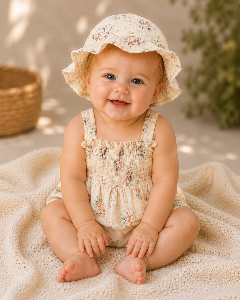 Baby sitting on a blanket wearing a floral hat and romper, with a natural background.