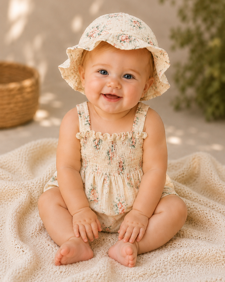 Baby sitting on a blanket wearing a floral hat and romper, with a natural background.