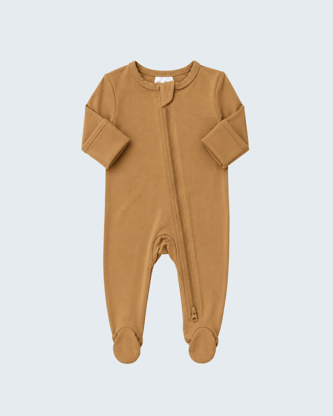 Mustard-brown long-sleeve footed romper with front zipper and foldover cuffs