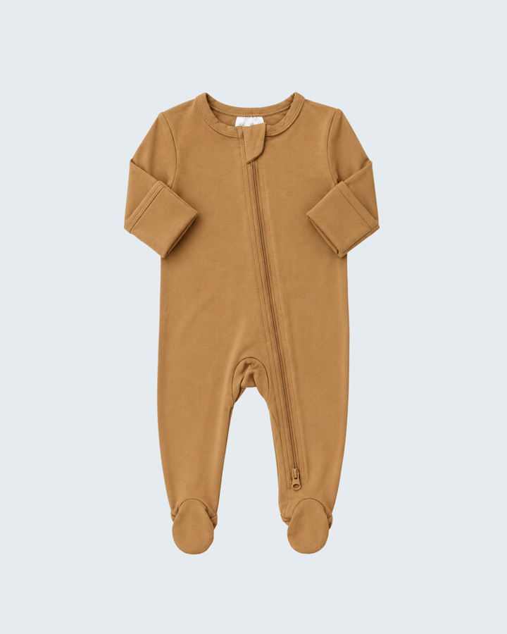 Mustard-brown long-sleeve footed romper with front zipper and foldover cuffs