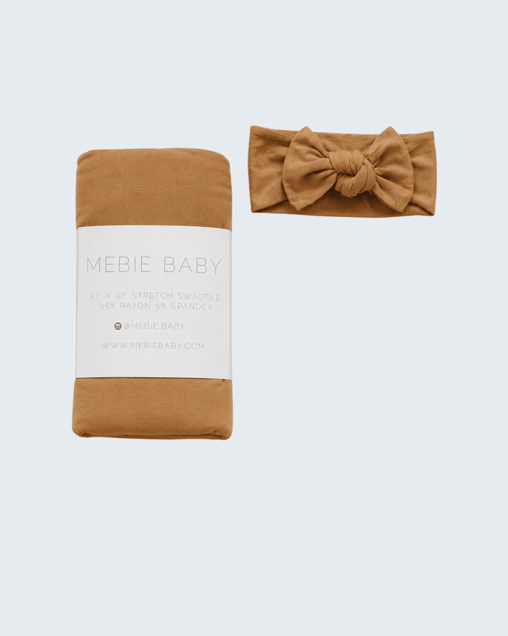 Mustard bamboo swaddle blanket with fabric head wrap