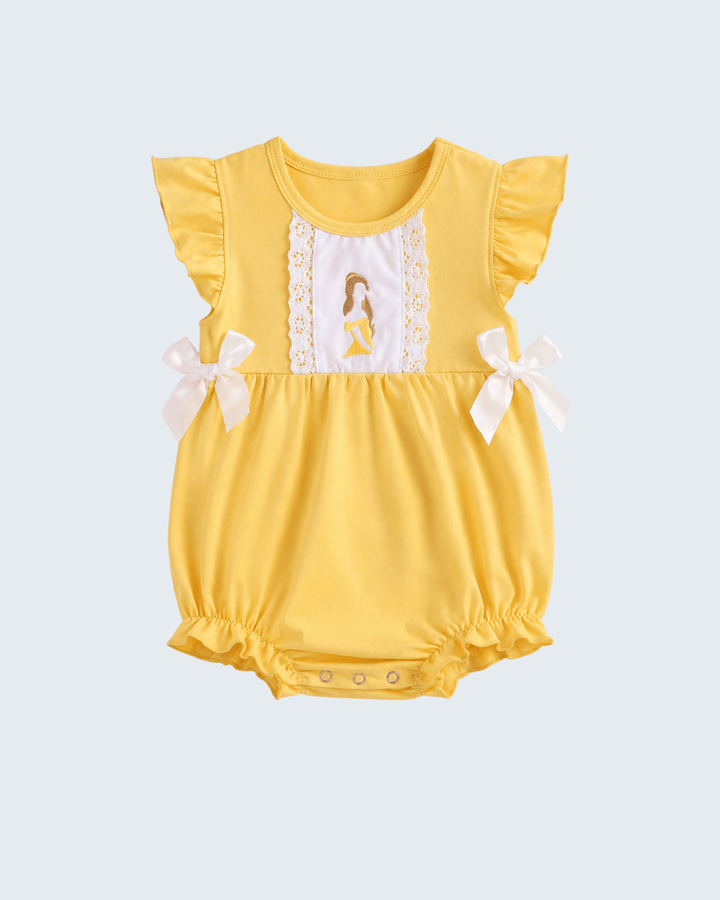 Mustard Character Embroidered Ruffle Bubble on light grey background