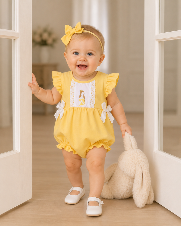 Baby girl is standing in door opening dragging a large stuffed rabbit