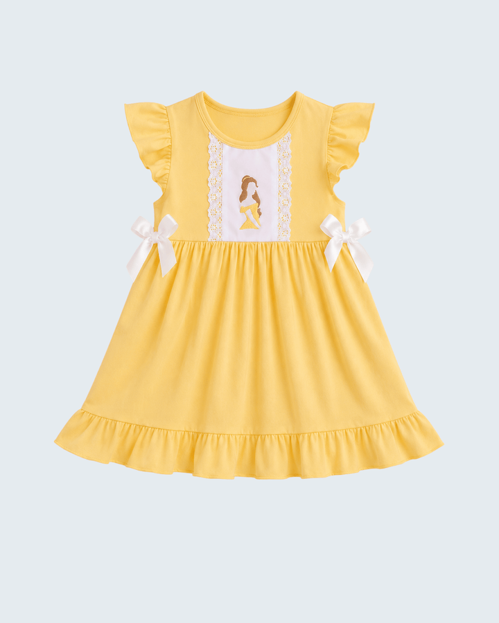 Mustard Character Embroidered Ruffle Dress on light grey background