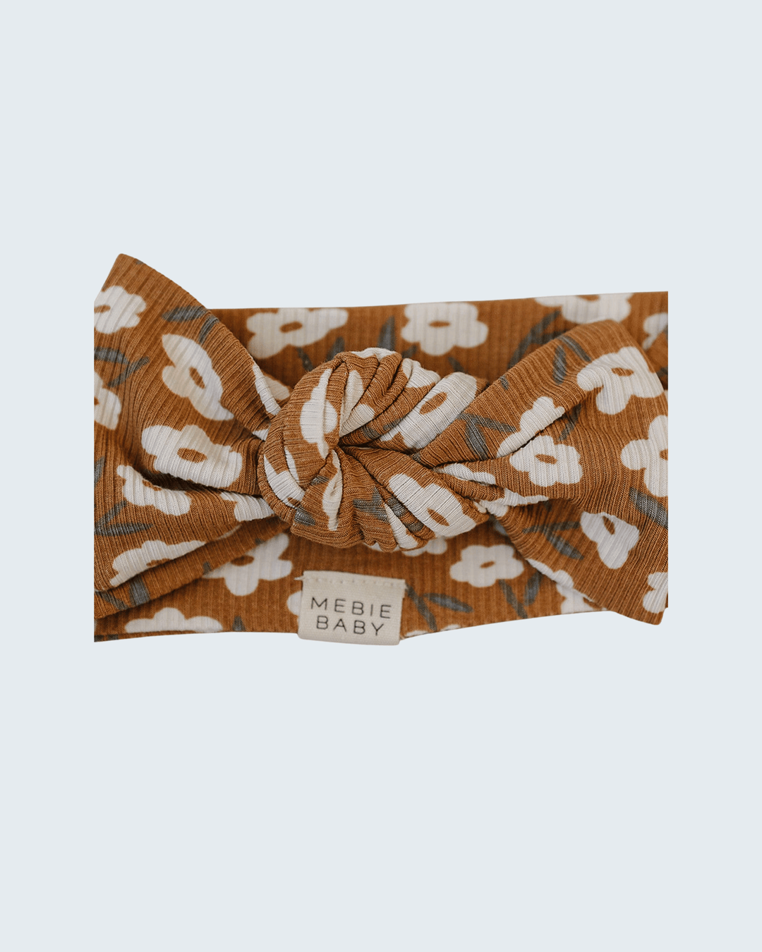 Mustard floral ribbed bamboo head wrap with knotted bow and white flower print