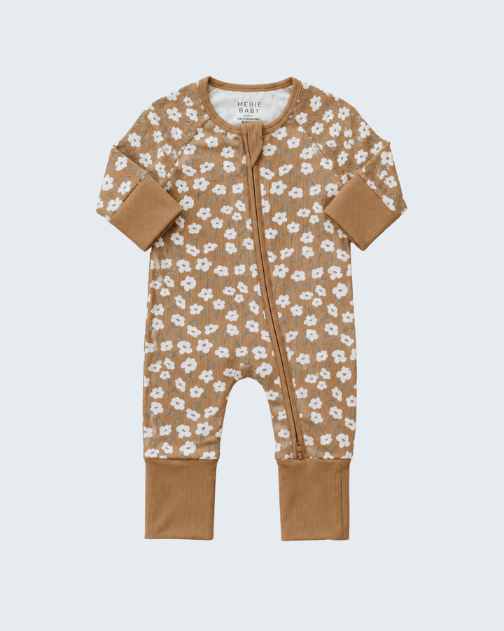 Mustard floral ribbed bamboo zipper romper with long sleeves and full-length front zip