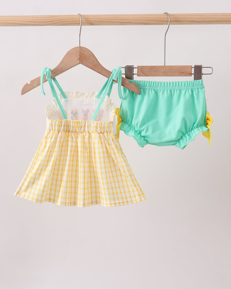 Mustard Honey Bear Embroidered Bloomer set on wooden hanger