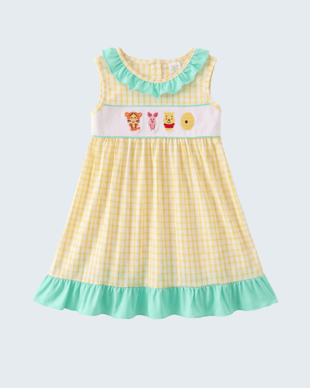 Mustard Honey Bear Embroidered Dress on light blue background