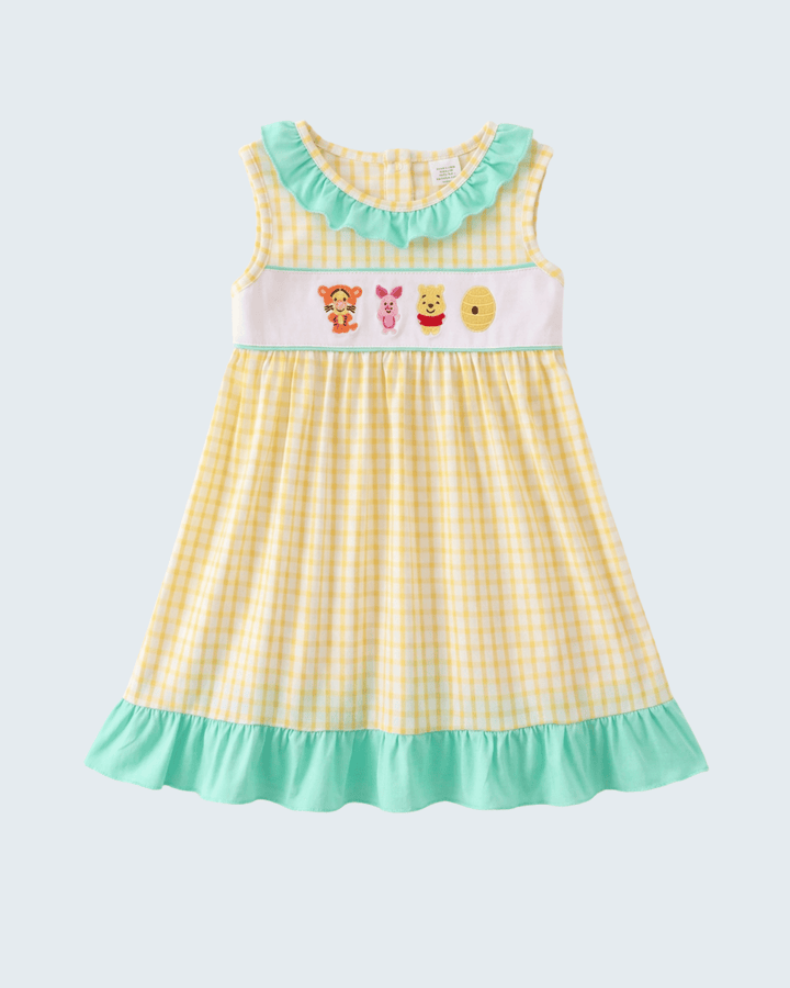 Mustard Honey Bear Embroidered Dress on light blue background