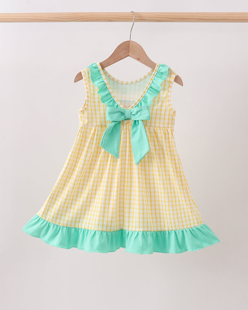 Mustard Honey Bear Embroidered Dress on wooden hanger