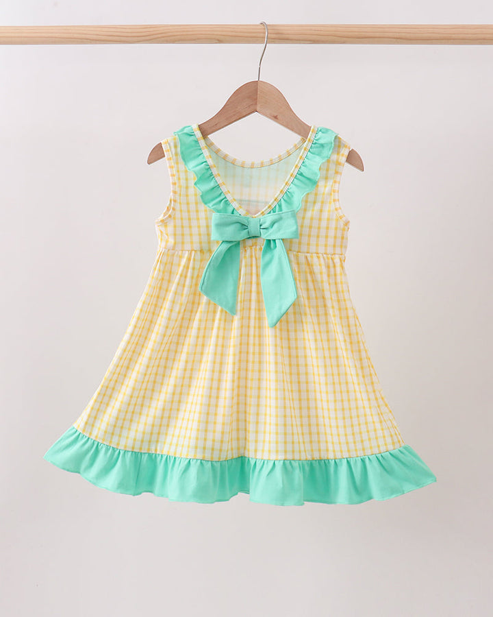 Mustard Honey Bear Embroidered Dress on wooden hanger