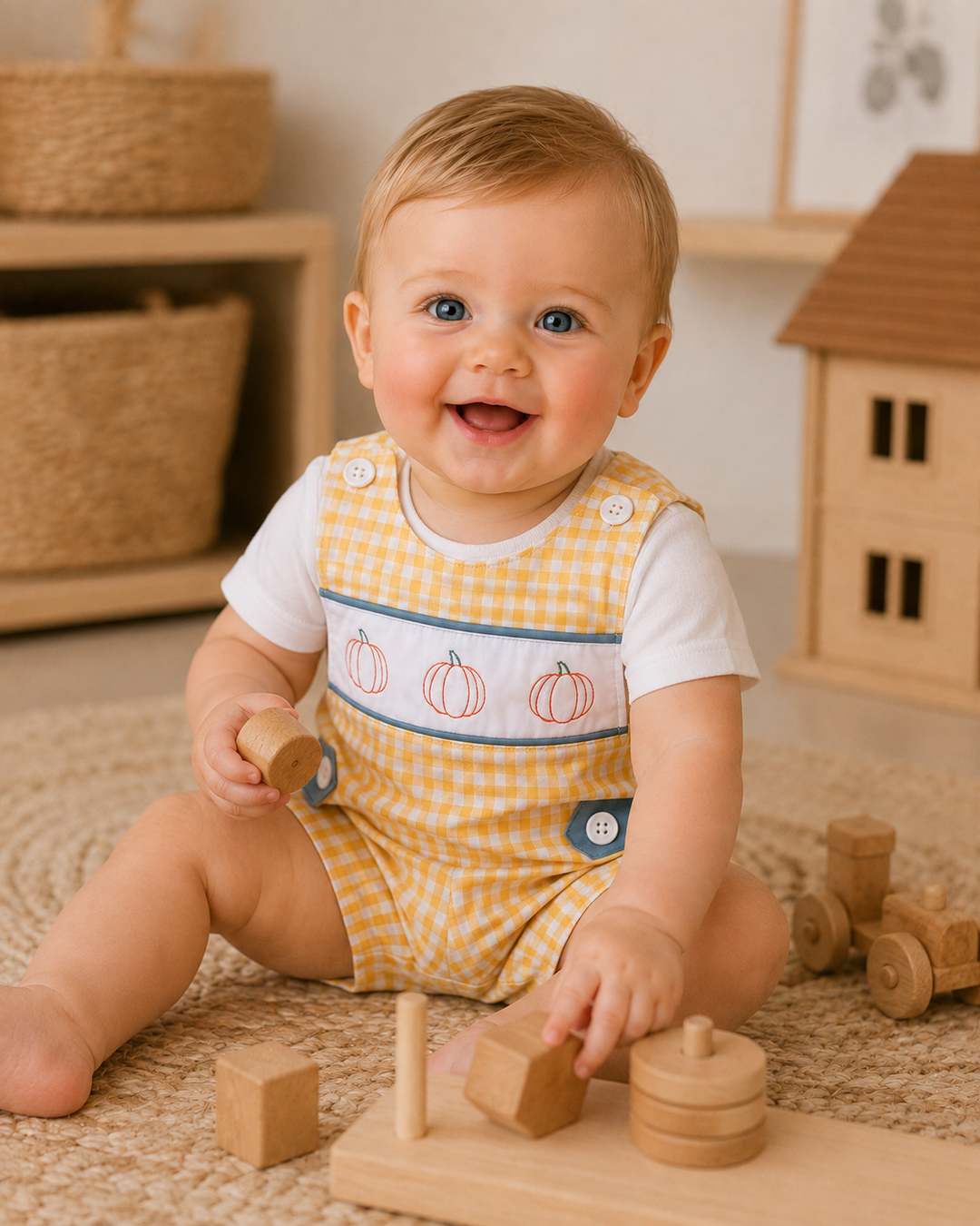A smiling baby sitting on a woven rug in a nursery, wearing a white short-sleeve shirt and a yellow-and-white gingham overalls romper with embroidered pumpkins on the chest. The baby is holding wooden blocks and toys.