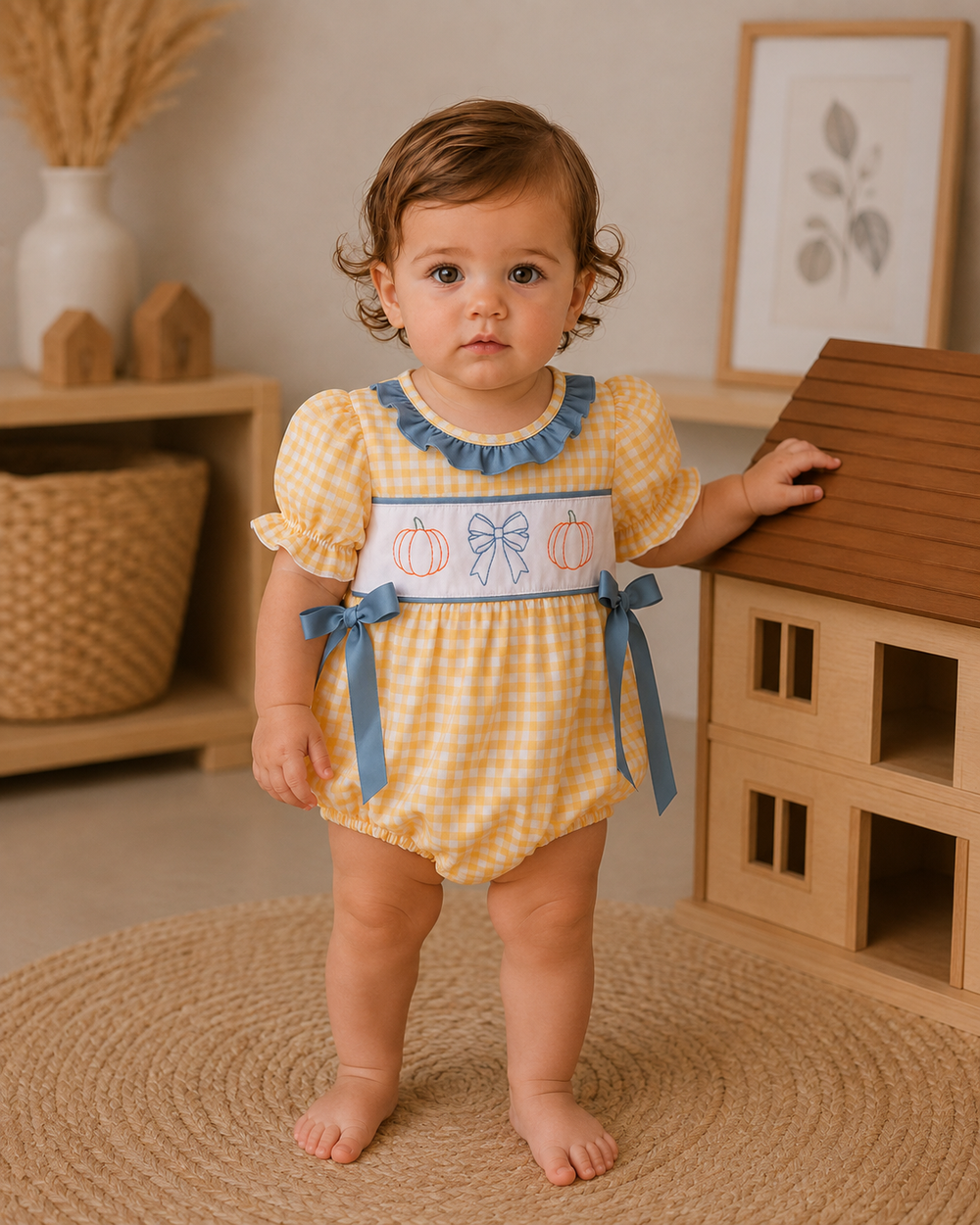 A toddler girl wearing a yellow and white gingham romper with blue ruffle trim, a white smocked chest panel with embroidered pumpkins and bows, and blue ribbon ties, standing in a styled nursery next to a wooden toy house.