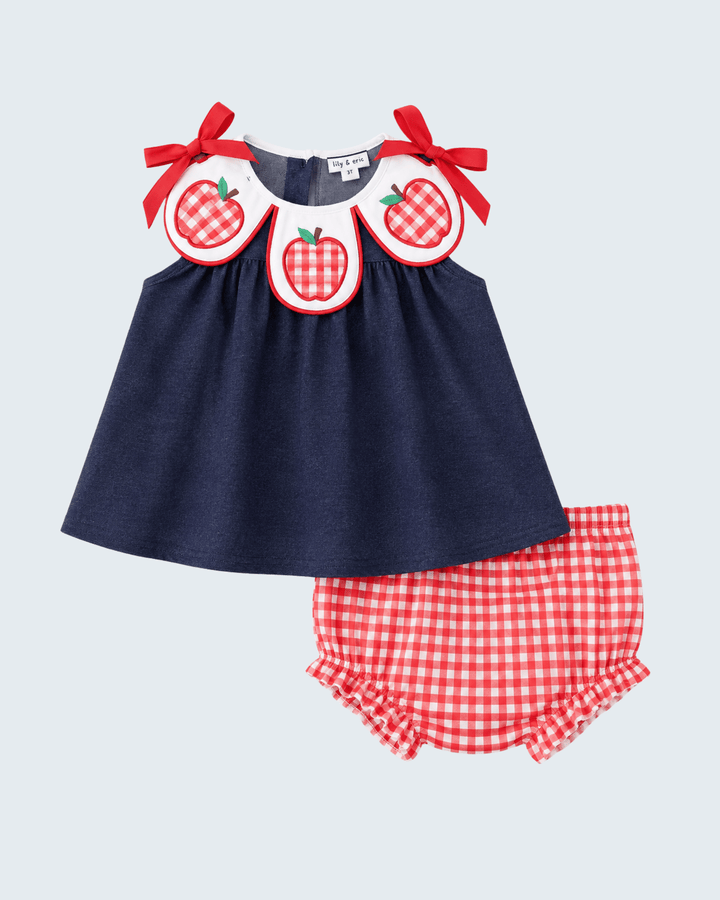 Navy denim bloomer set with red gingham apple appliques and matching bloomers