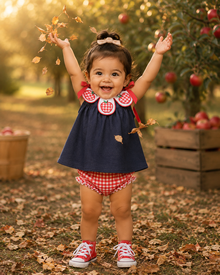 Girl wearing navy denim dress with red gingham apple trim and red gingham bloomers