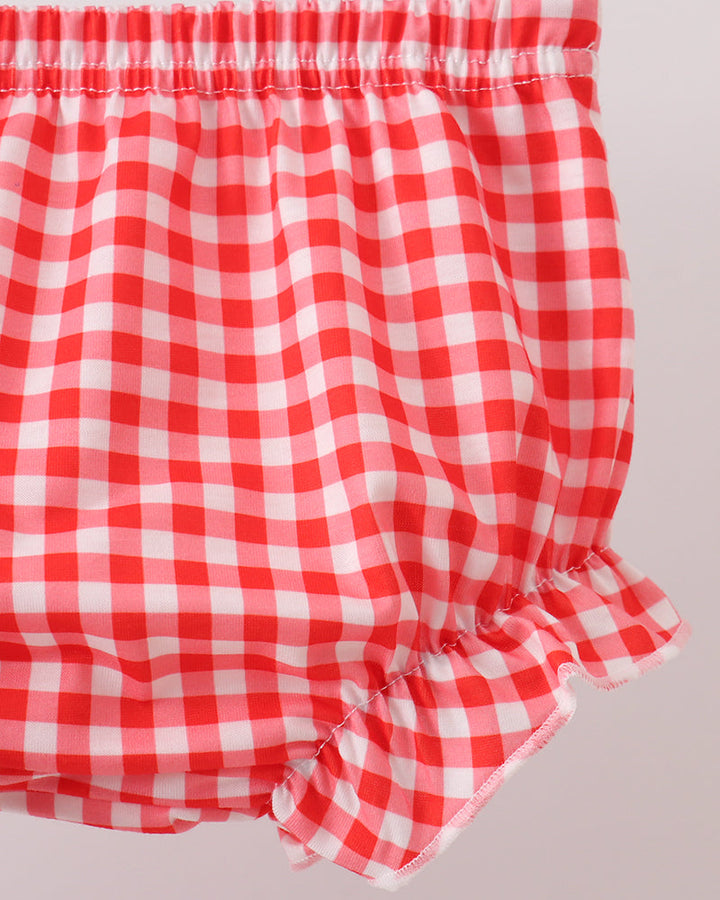 Red and white gingham bloomer shorts with gathered elastic waist and cuffed legs