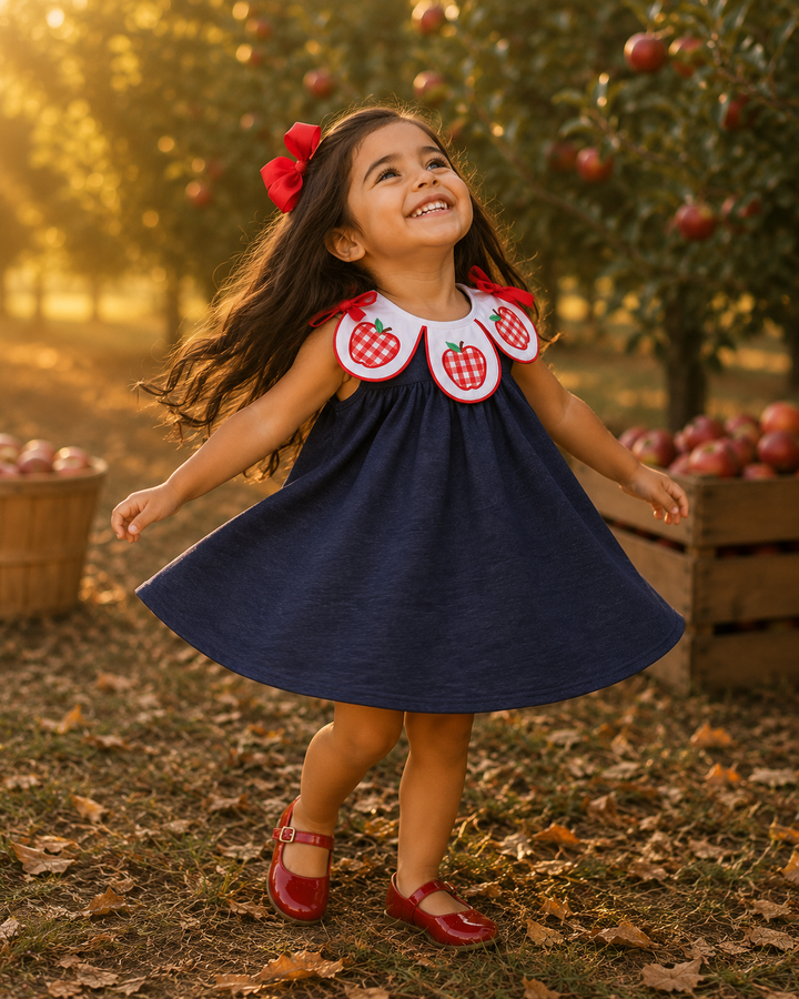 Navy A-line denim dress with apple applique collar and red bow accents