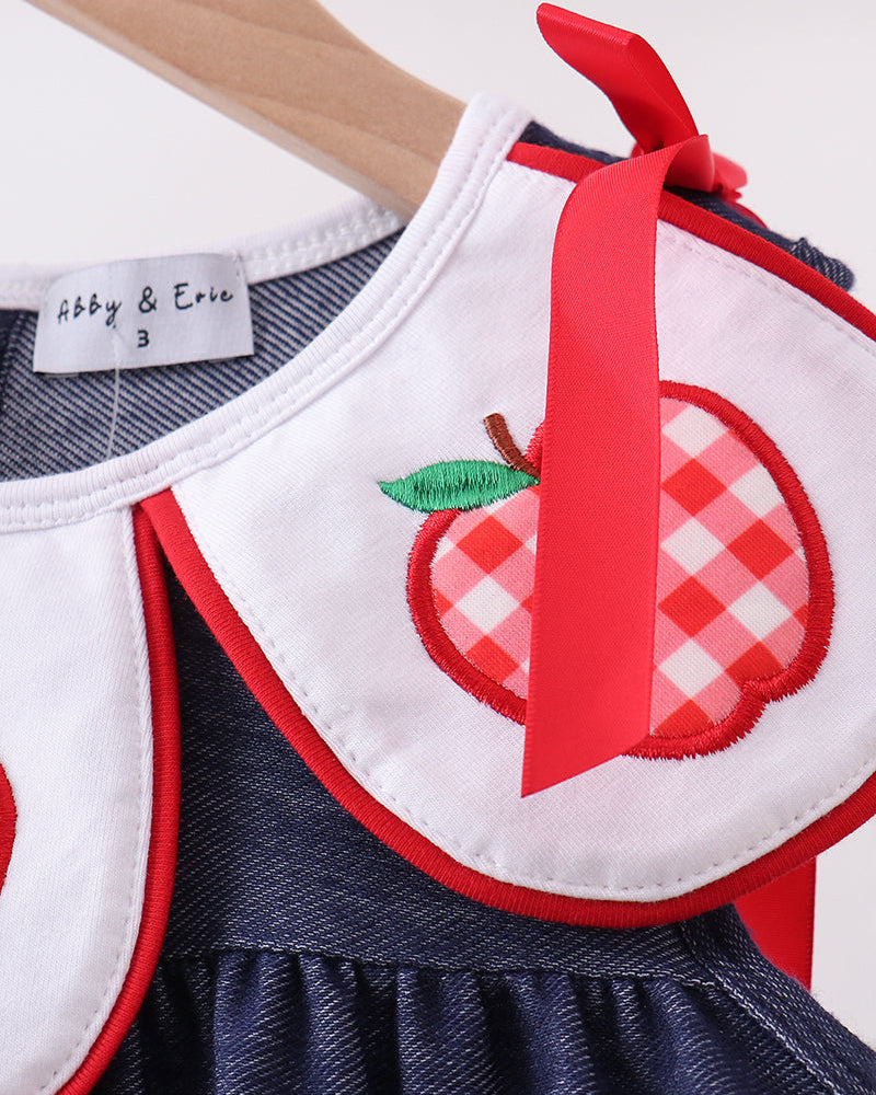 Red apple applique on white yoke with green leaf, red shoulder bows