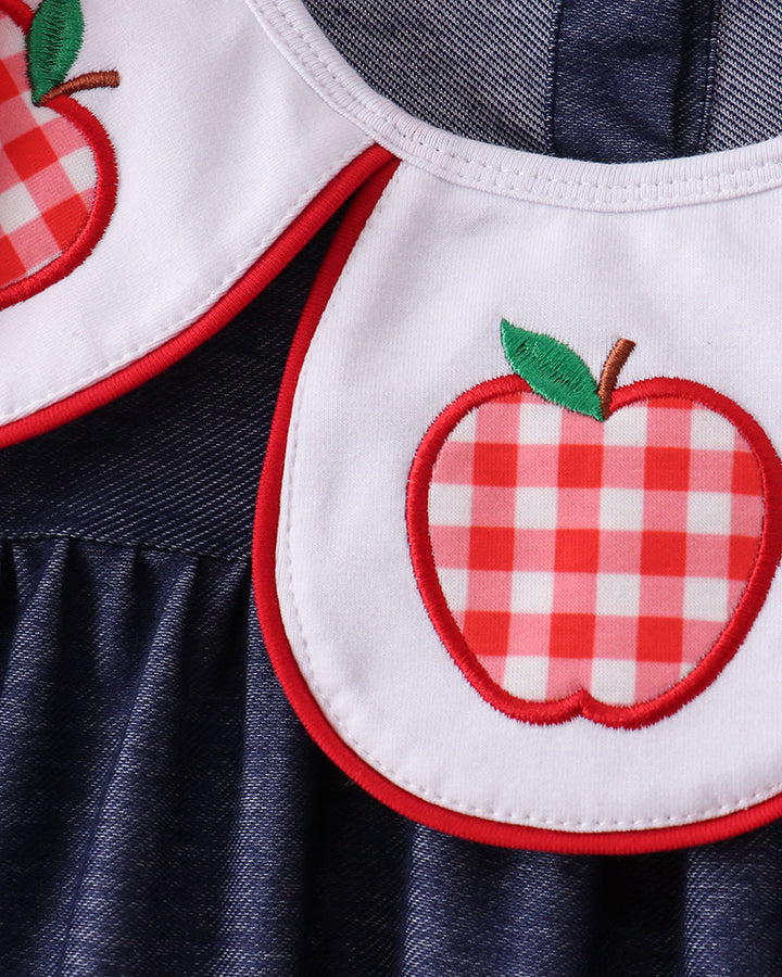 Denim set with white ruffle collar and red gingham apple appliqué