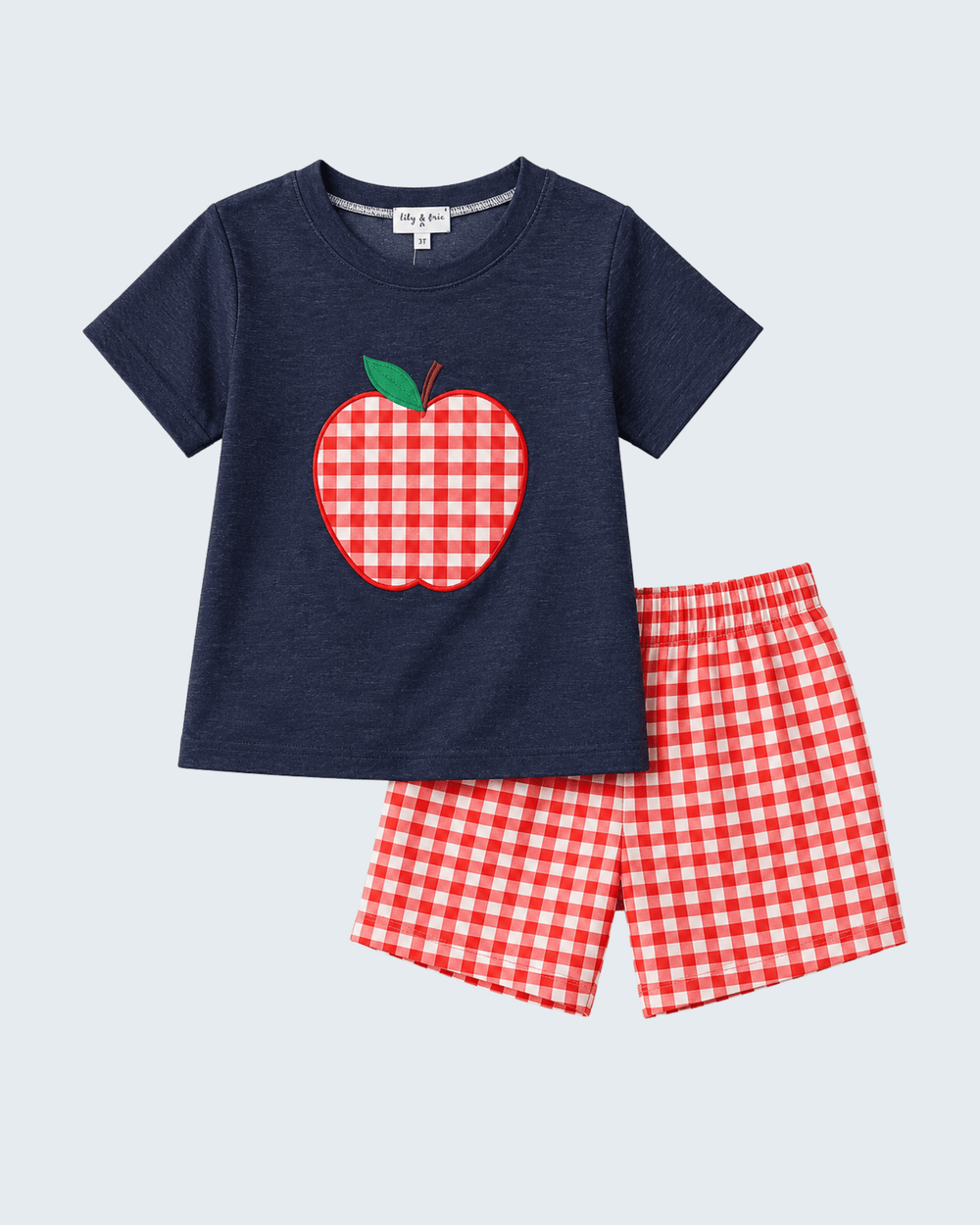 Navy denim shorts set with red-and-white plaid shorts and apple applique T-shirt