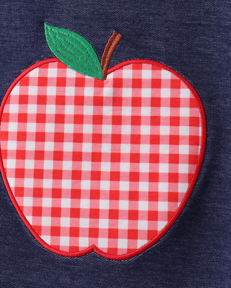 Navy denim T-shirt with red gingham apple applique and green leaf patch