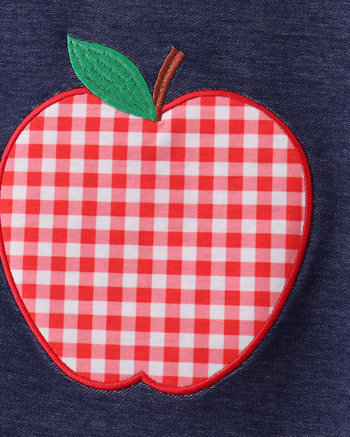 Navy denim T-shirt with red gingham apple applique and green leaf patch