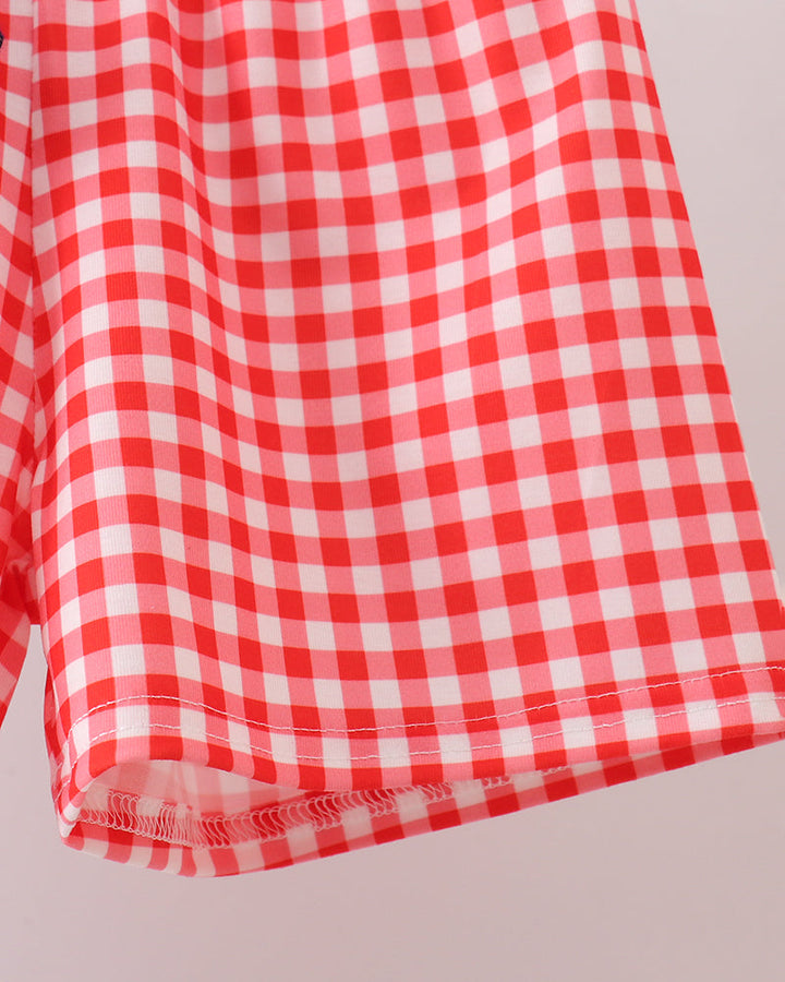 Red and white gingham shorts with ruffle hem