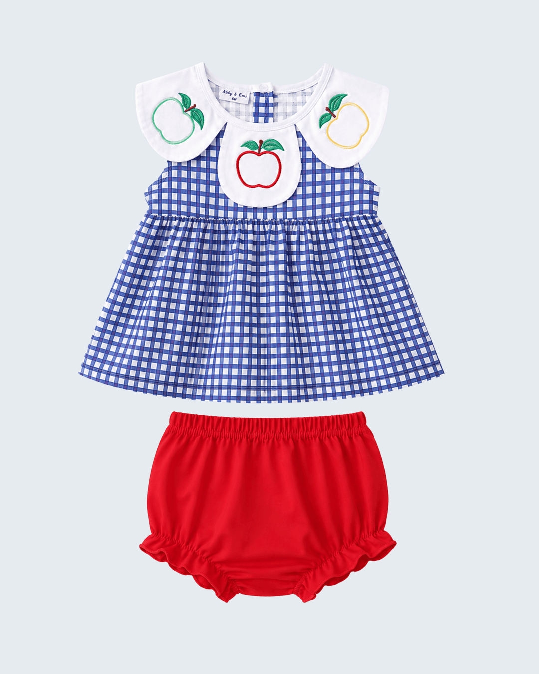 Navy Apple Embroidered Gingham Bloomer Set on light grey background