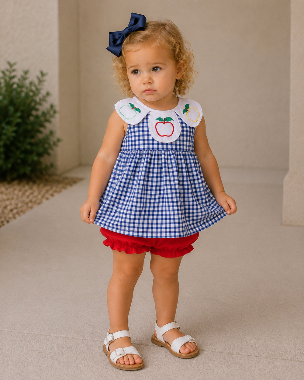 Toddler girl is standing outside holding on to her dress.