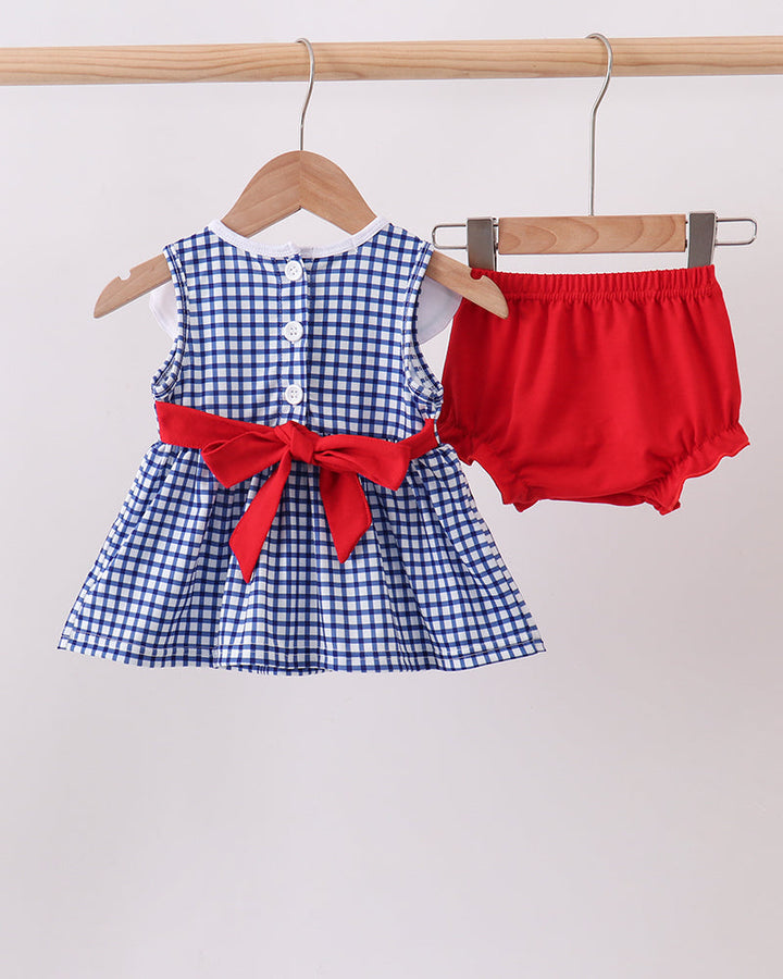 Navy Apple Embroidered Gingham Bloomer Set on wooden hanger