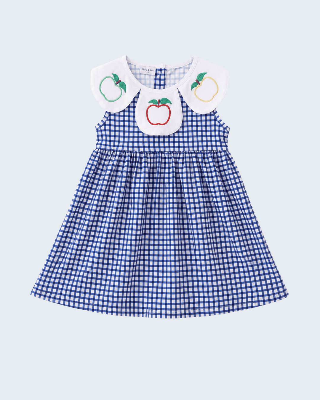 Navy Apple Embroidered Gingham Dress on light grey background