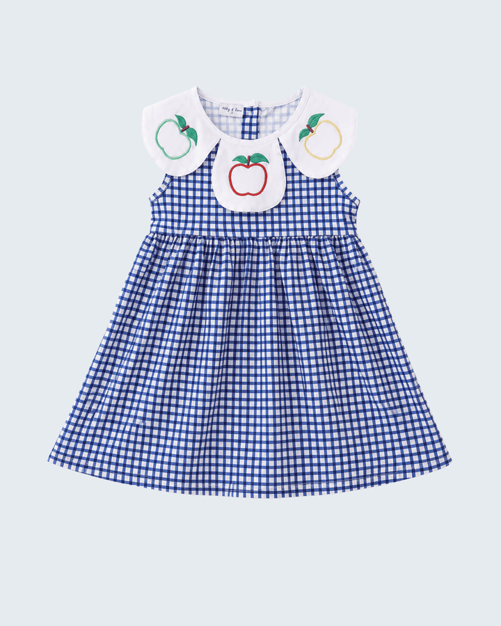 Navy Apple Embroidered Gingham Dress on light grey background