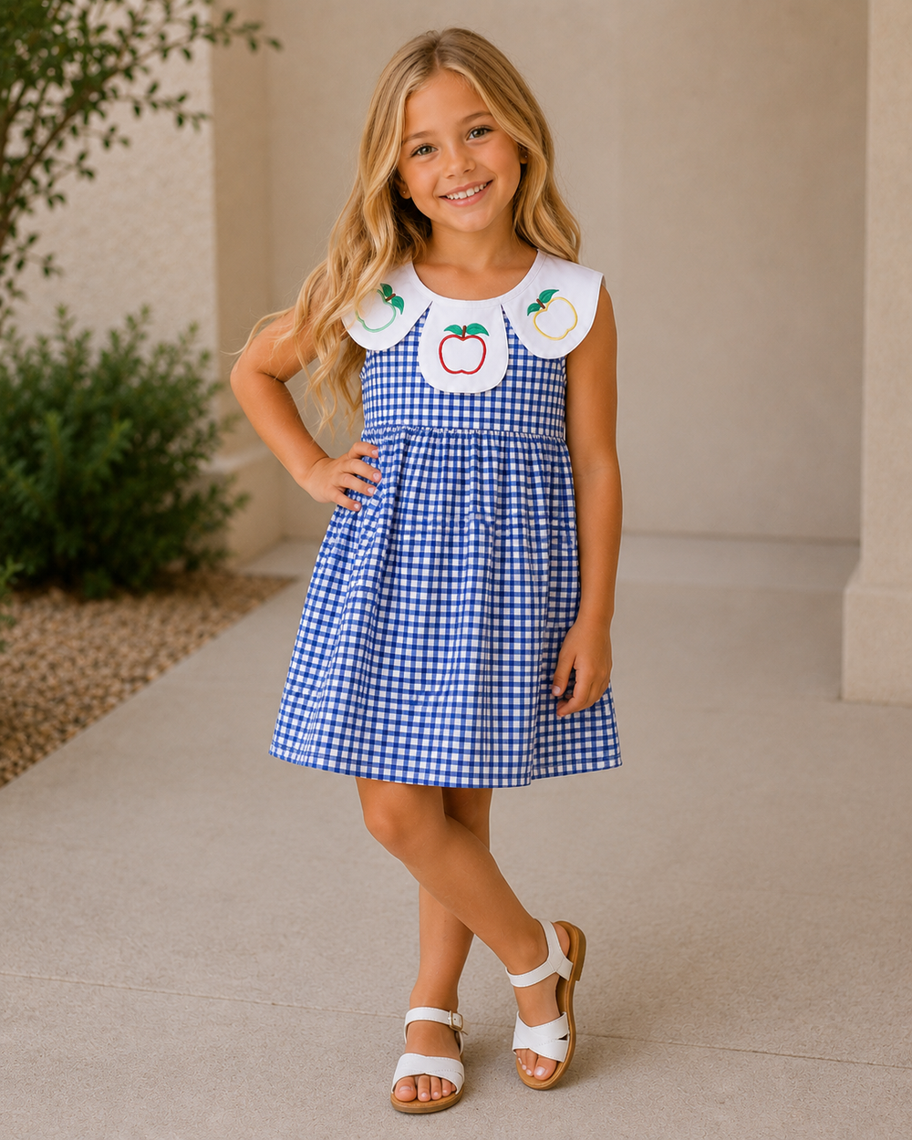 Young girl standing outside in a gingham school dress