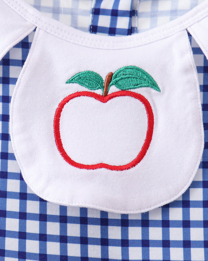 Blue gingham dress with embroidered apple