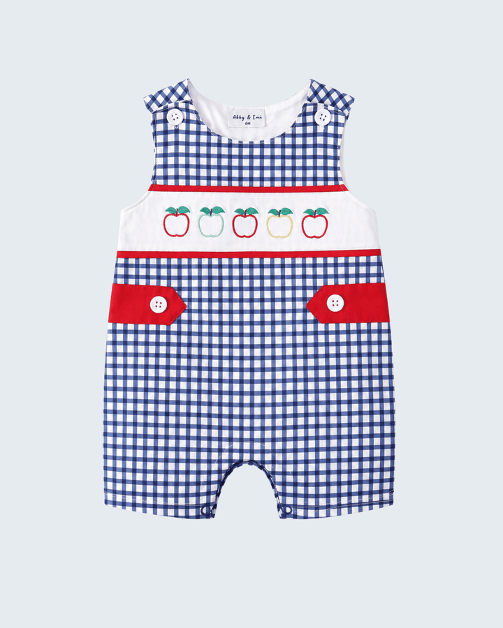 Navy Apple Embroidered Gingham Jon Jon on light grey background