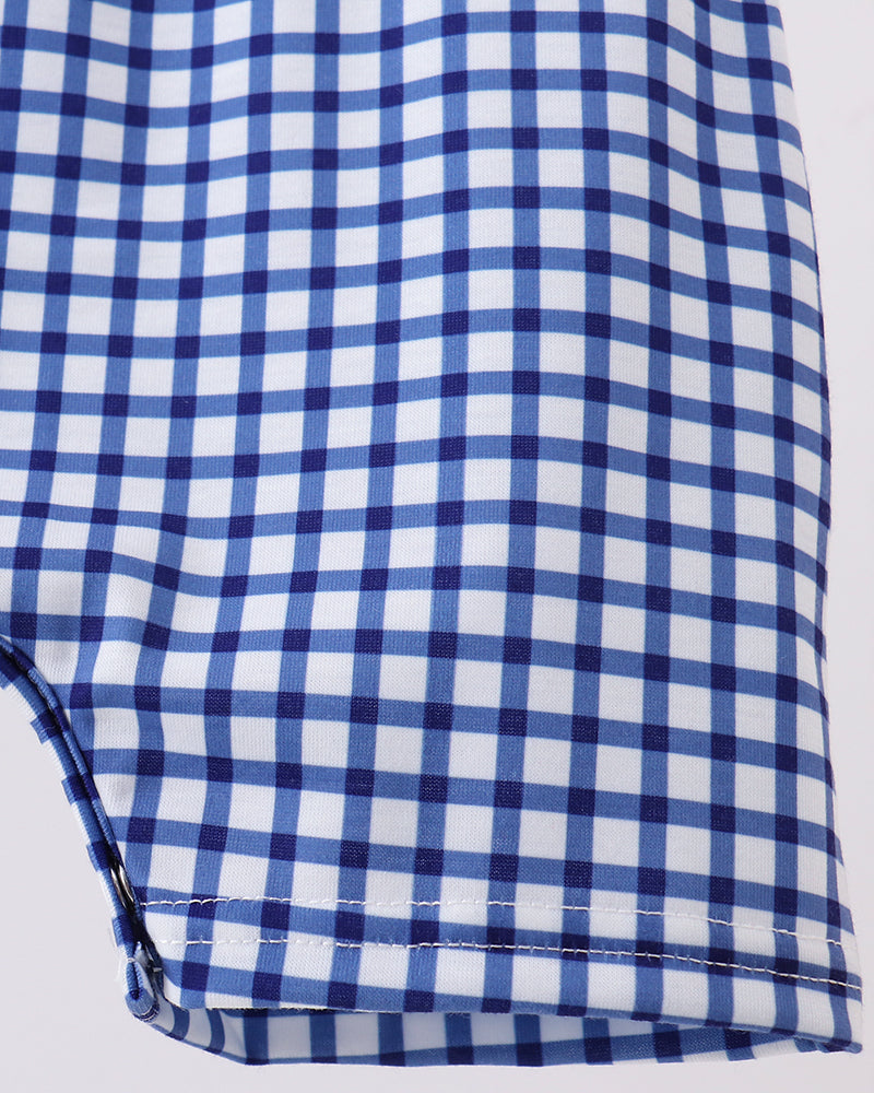 Blue gingham romper with snap closure