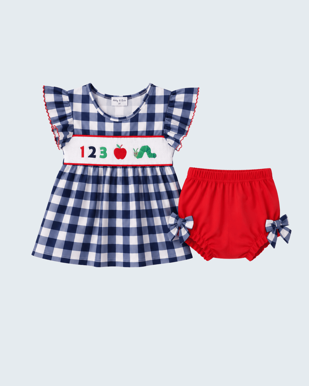 Navy and white gingham dress top with red bloomer shorts, apple applique and bow trims
