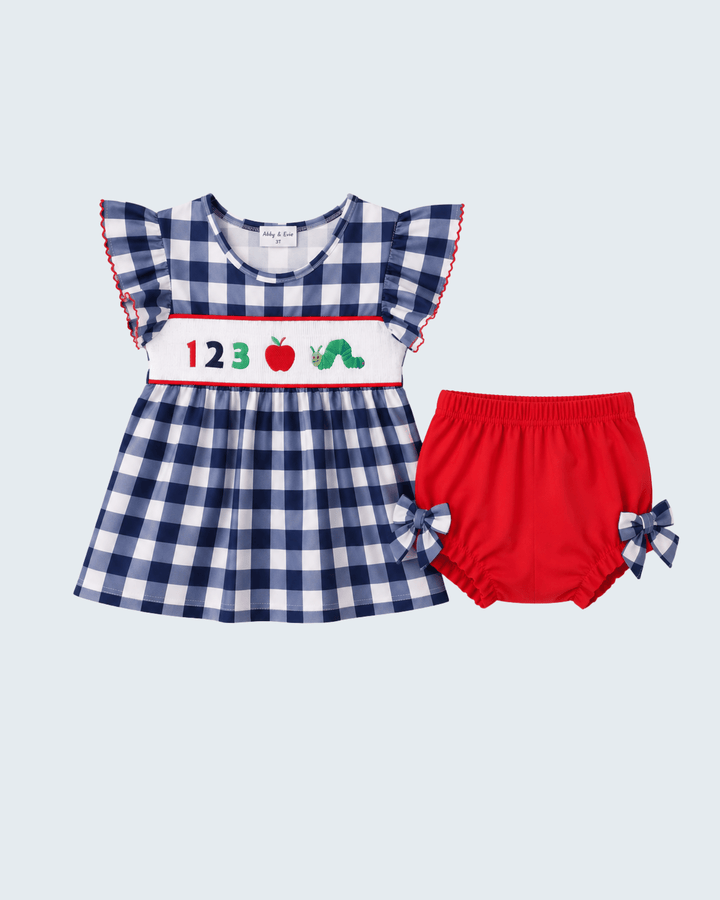 Navy and white gingham dress top with red bloomer shorts, apple applique and bow trims