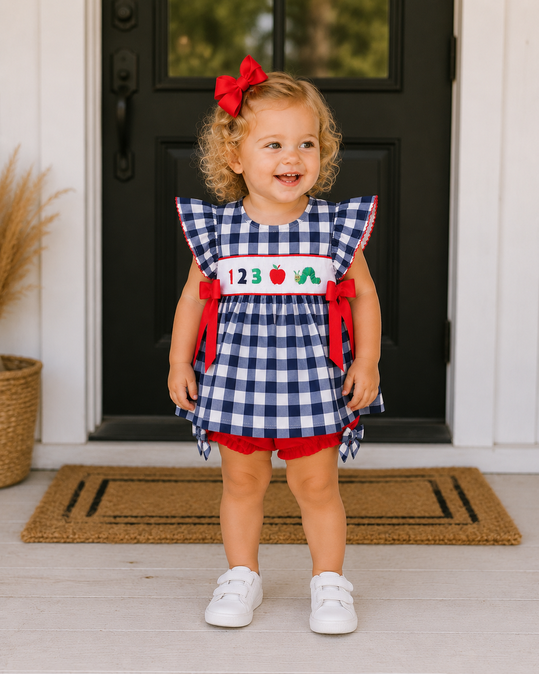 Toddler navy gingham flutter-sleeve dress with red bloomer shorts, apple print and side bows