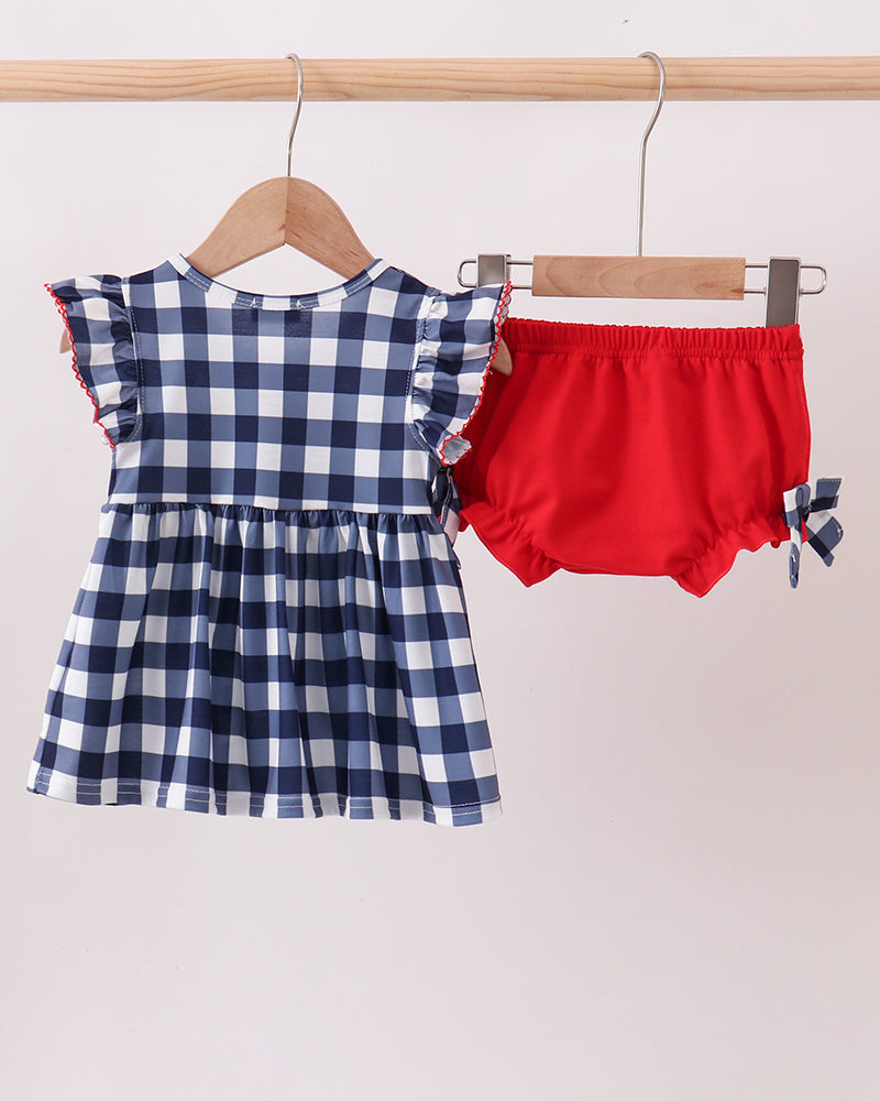 Toddler navy gingham dress with double ruffle sleeves and red bloomer shorts set