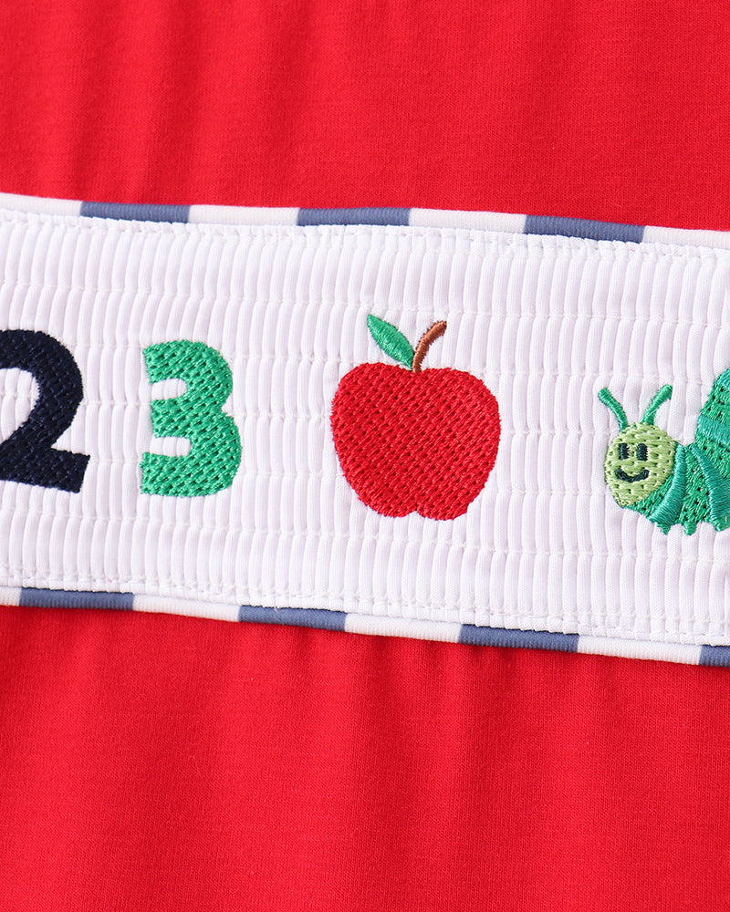 Smocked gingham shorts with apple appliques and embroidered number detail