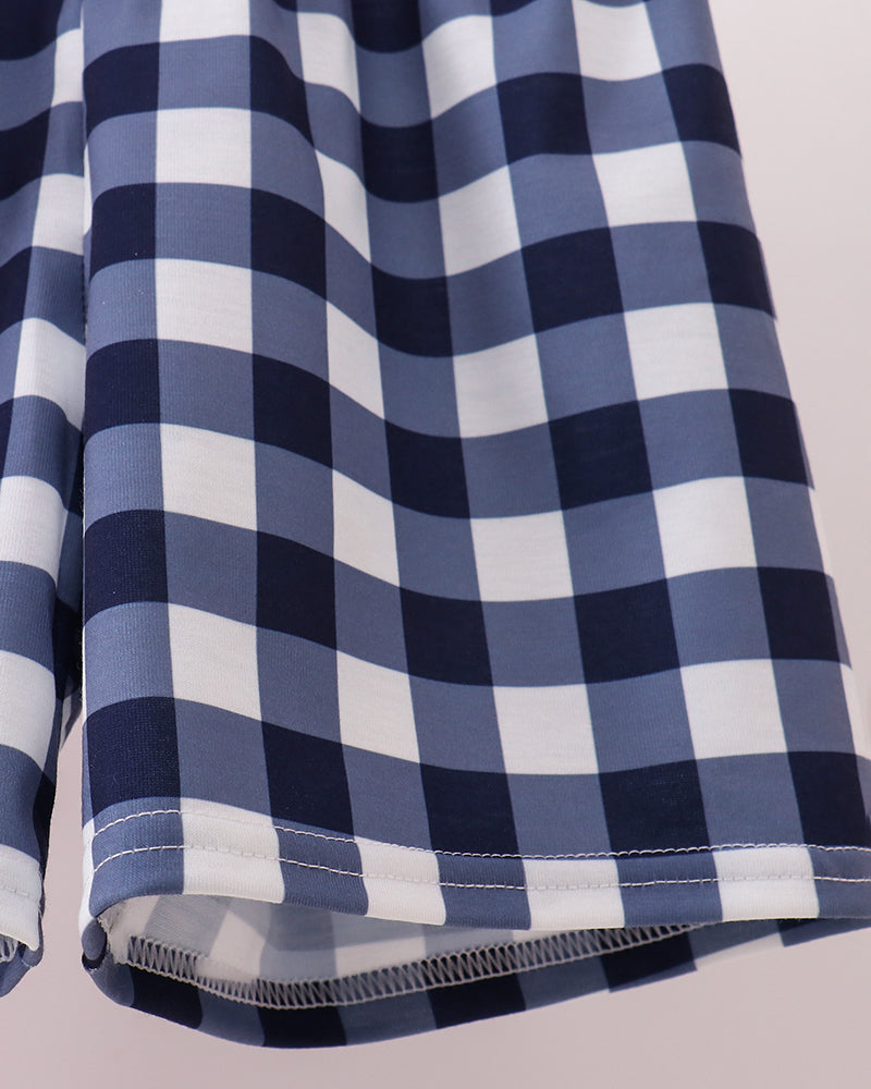 Navy and white gingham shorts with elastic waist and hem