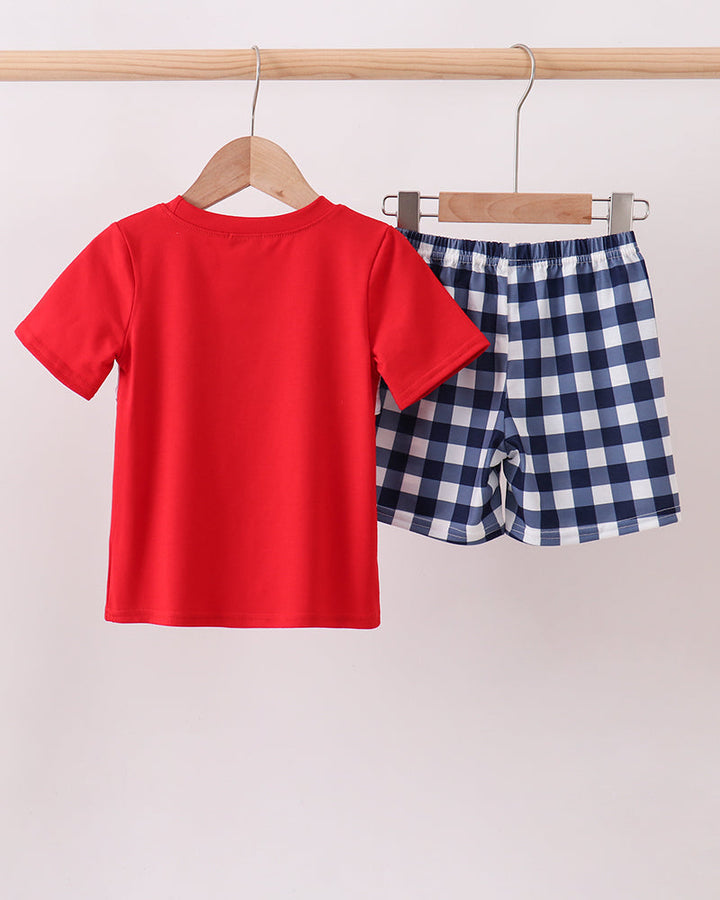 Red T-shirt and navy gingham shorts set on hangers